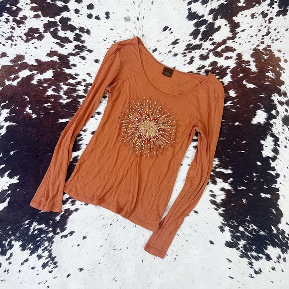 Daytrip Tops - Daytrip Buckle Orange Ribbed Sequin Long Sleeve T